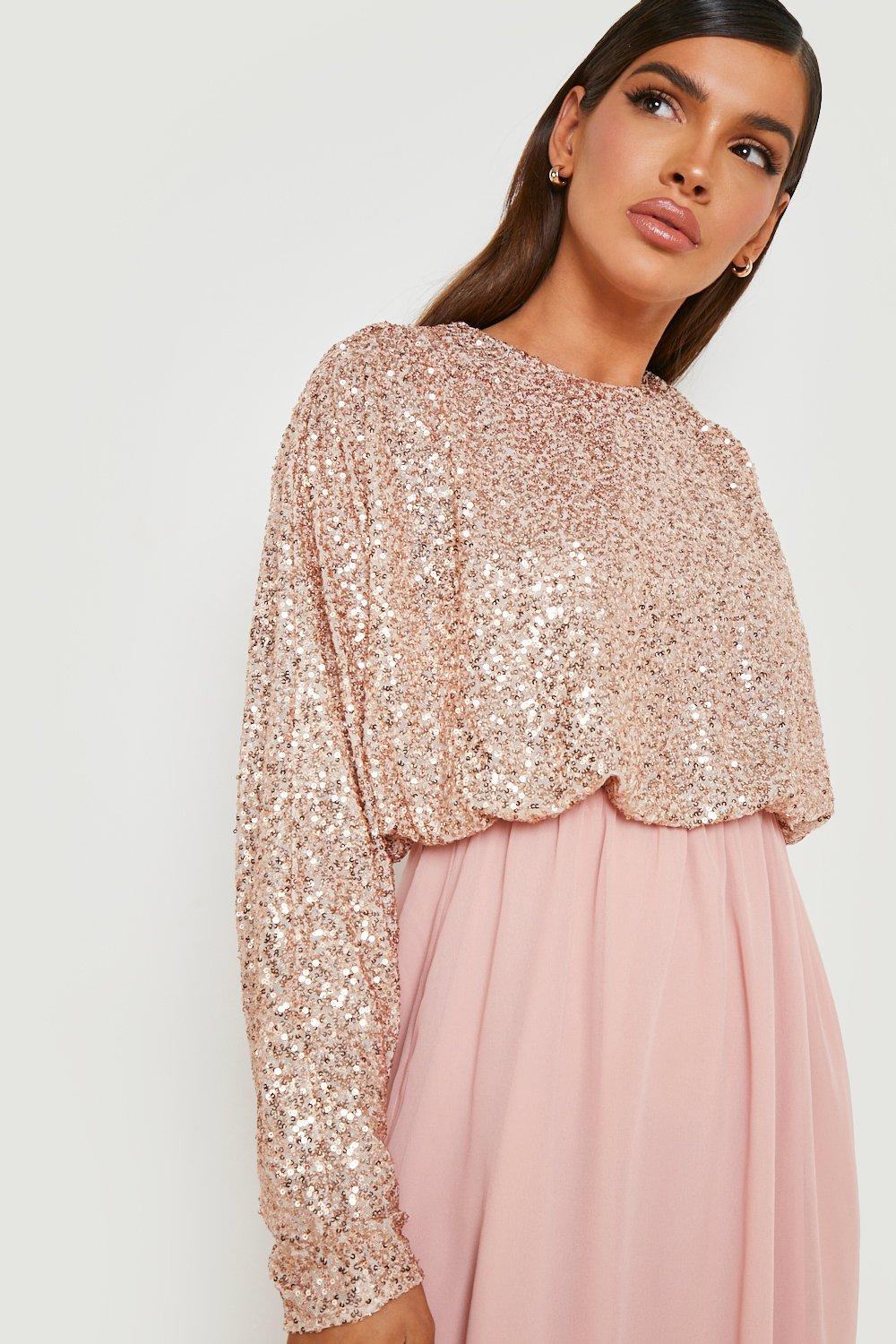 Vestito midi da cerimonia con paillettes e maniche ad ala di pipistrello boohoo IT